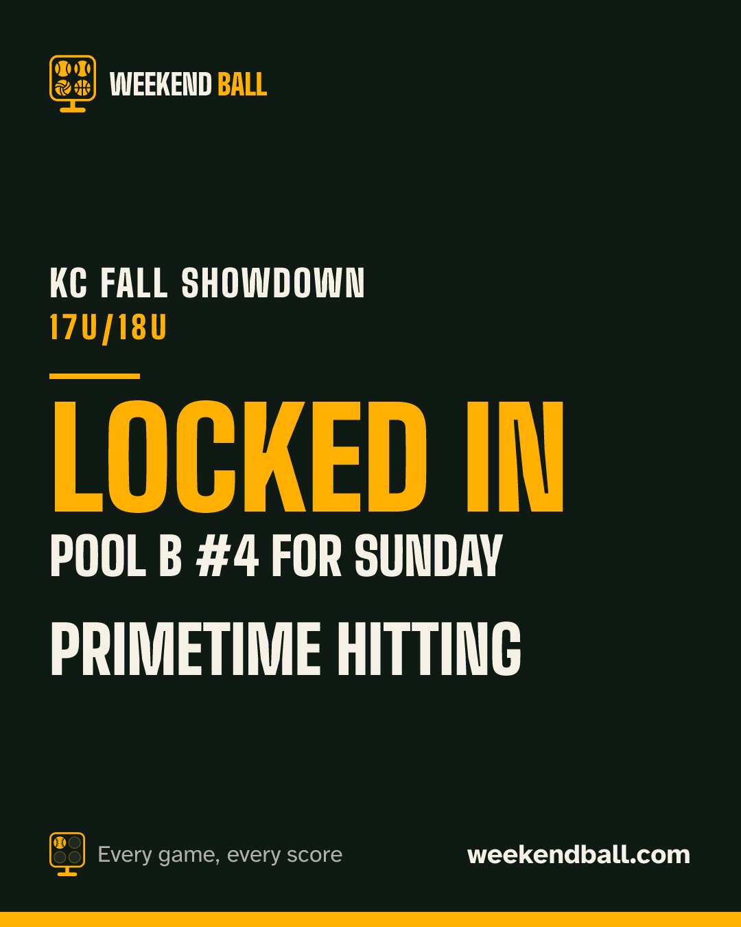 PrimeTime Hitting: Locked in, Pool B #4 for Sunday, KC Fall Showdown 17U/18U